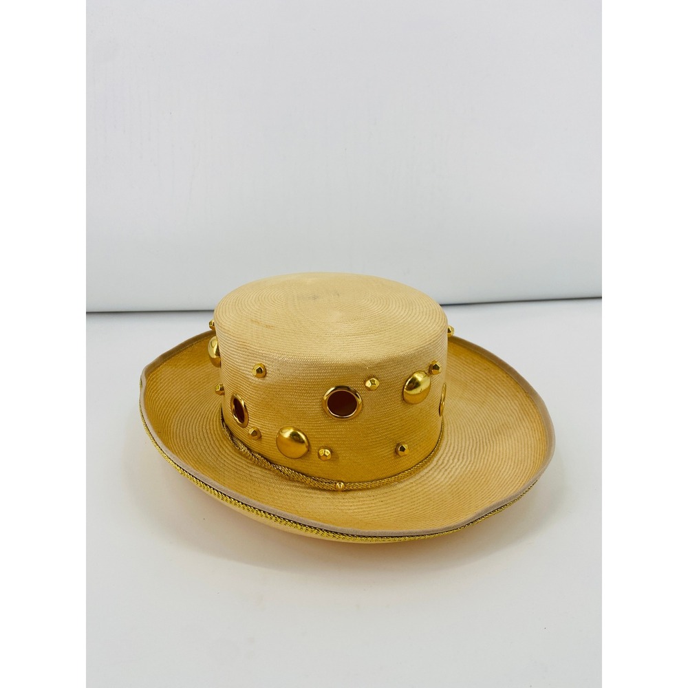 Oscar de la Renta Millinery Straw Boater Hat Womens Tan Gold Studded Grommet